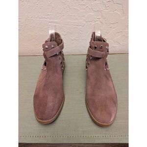 Womens Suede Studded Cutout Ankle Boots Taupe Buckle Strap Low Heel